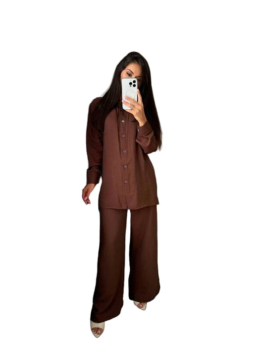 Brown Two-Piece Linen Suit with Button-Up Shirt and Wide Leg Pants