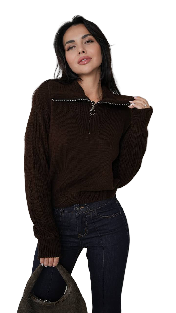 Womens Brown Zip Collar Wool Blend Sweater Knit Pullover