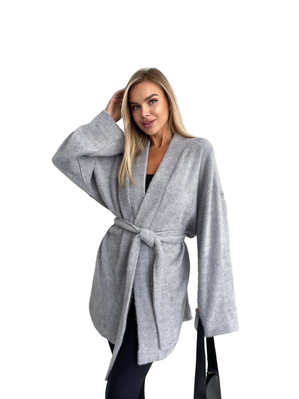 Gray Fluffy Angora Trawka Belted Cardigan with Wide Sleeves