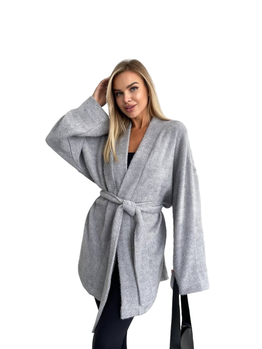 Gray Fluffy Angora Trawka Belted Cardigan with Wide Sleeves