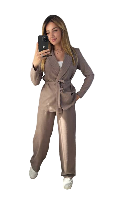 Womens Brown Cotton Crepe Suit with Wrap Jacket and Wide Leg Pants