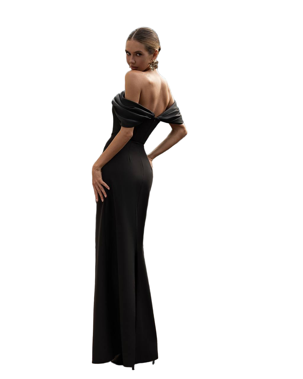 Woman wearing a black off-shoulder evening gown on a white background