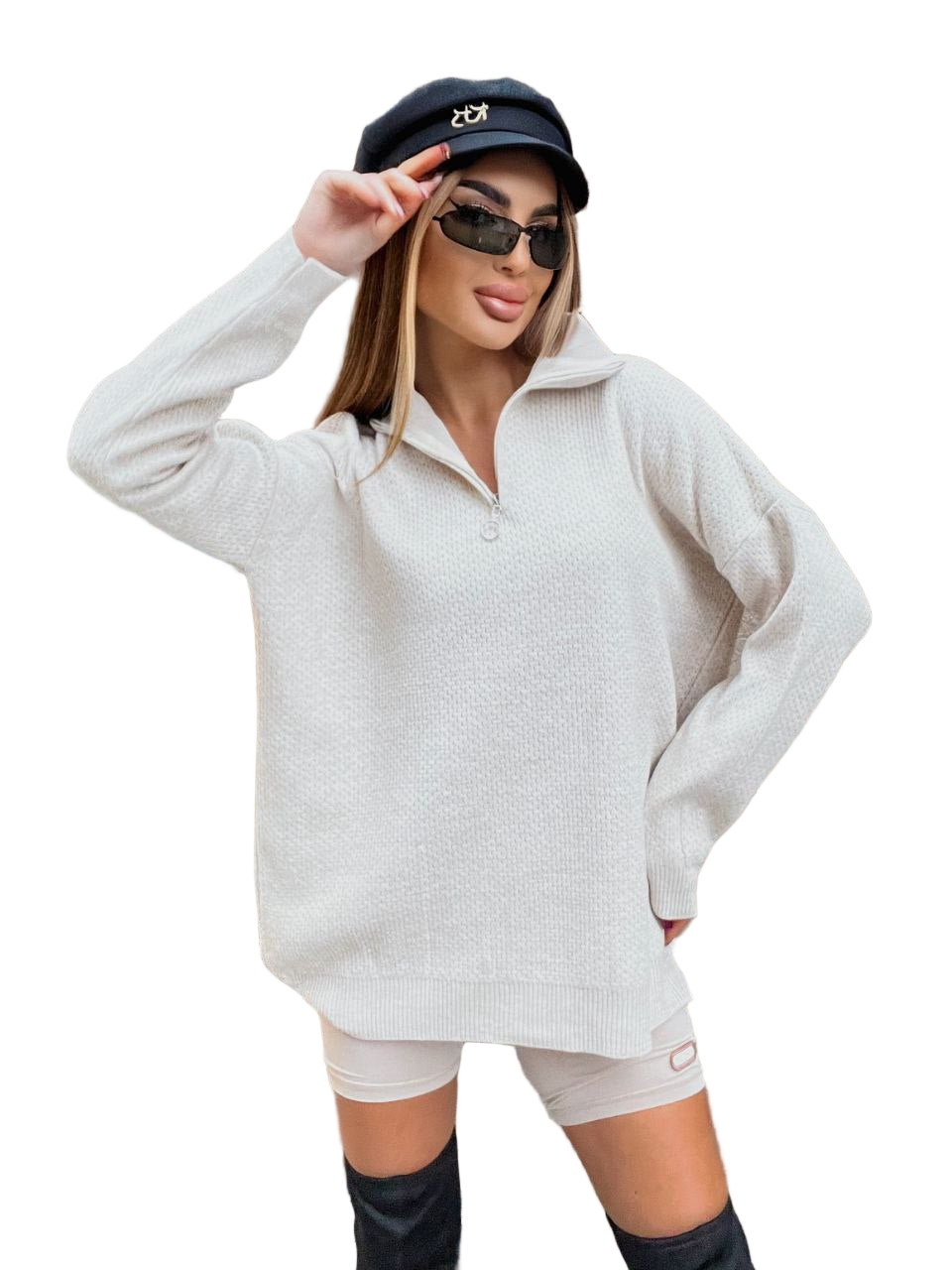 Cream Oversized Zip Knit Sweater Wool Blend