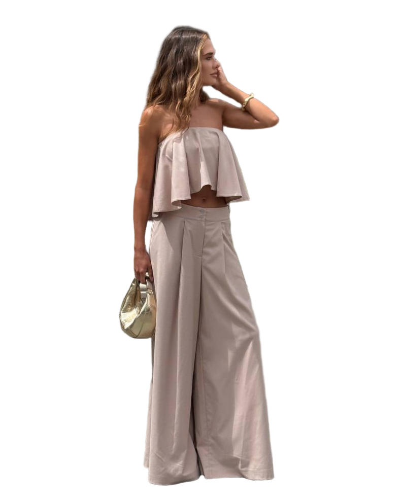 Papaya Strapless Bandeau Two Piece Suit Set Beige Wide Trousers