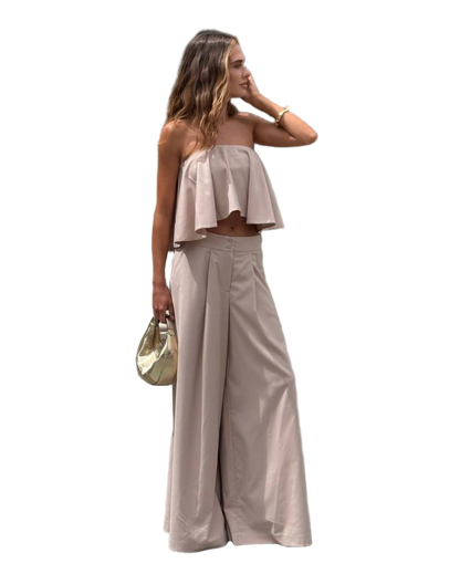 Papaya Strapless Bandeau Two Piece Suit Set Beige Wide Trousers