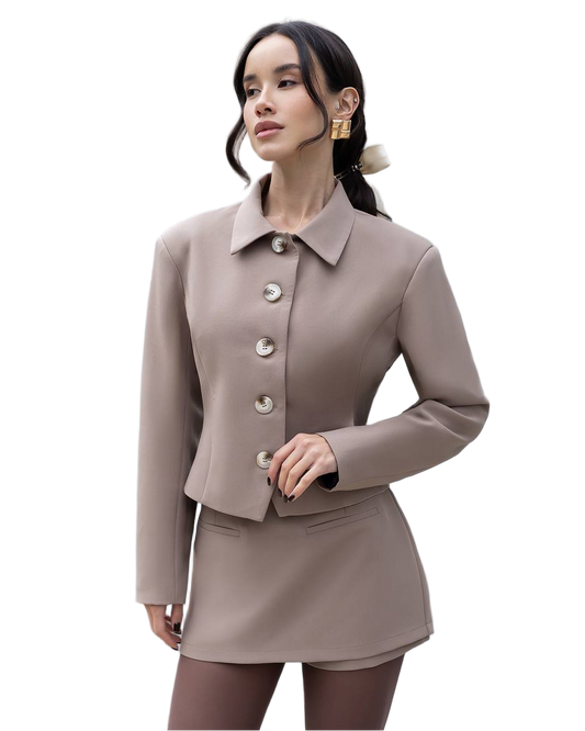 Tailored Women Suit Set Beige Reno Fabric Jacket Skirt Shorts