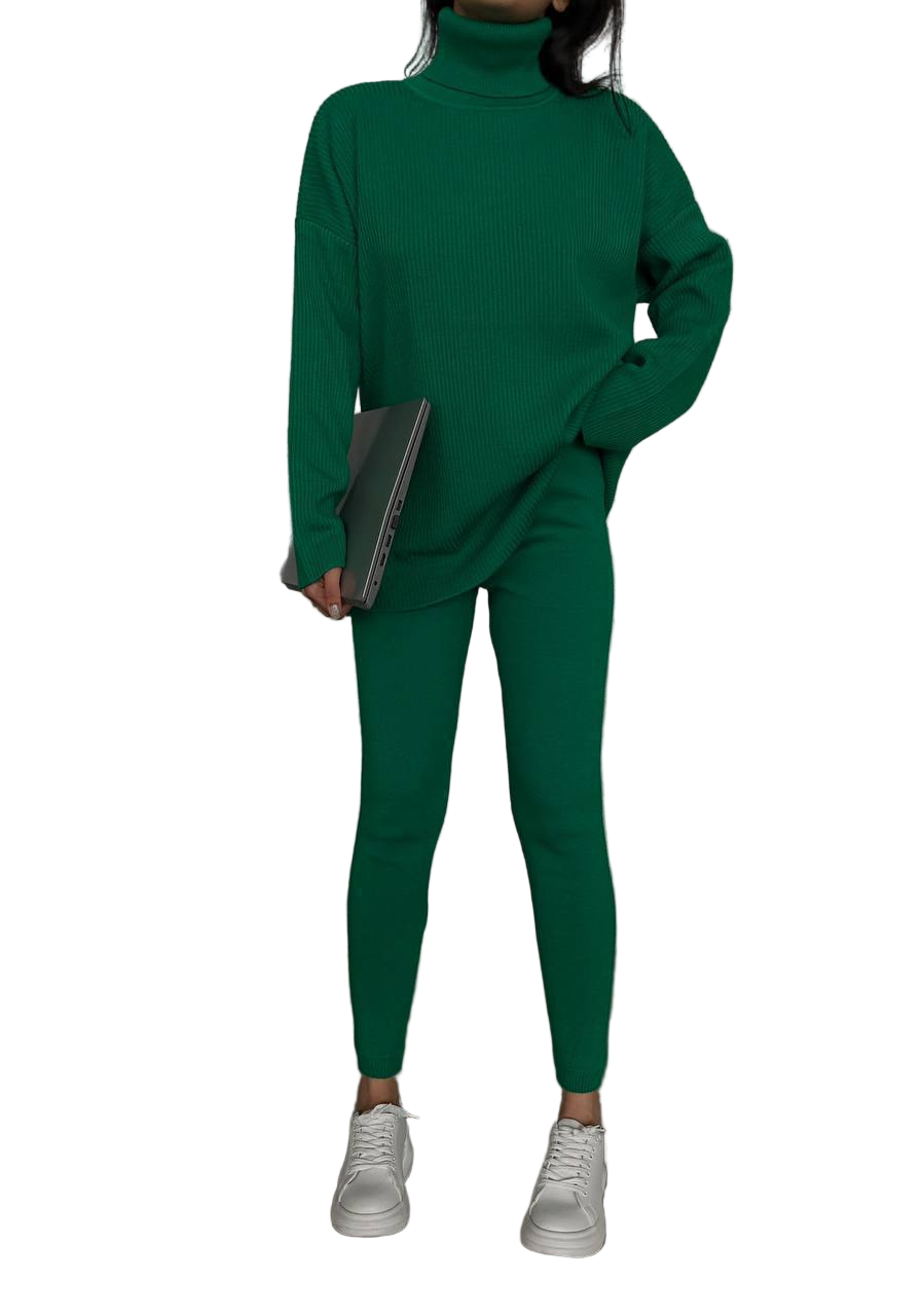 Green Ribbed Knit Oversized Turtleneck Sweater and Shaping Leggings Set