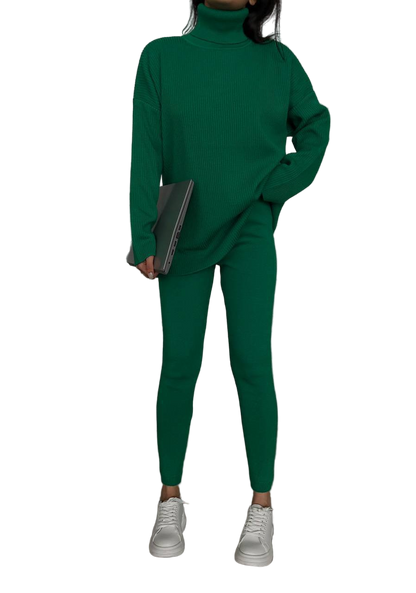Green Ribbed Knit Oversized Turtleneck Sweater and Shaping Leggings Set