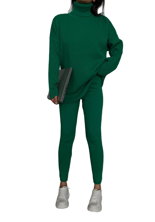 Green Ribbed Knit Oversized Turtleneck Sweater and Shaping Leggings Set