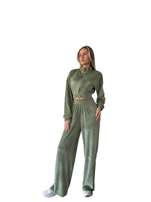 Premium Velour Tracksuit in Soft Olive Green