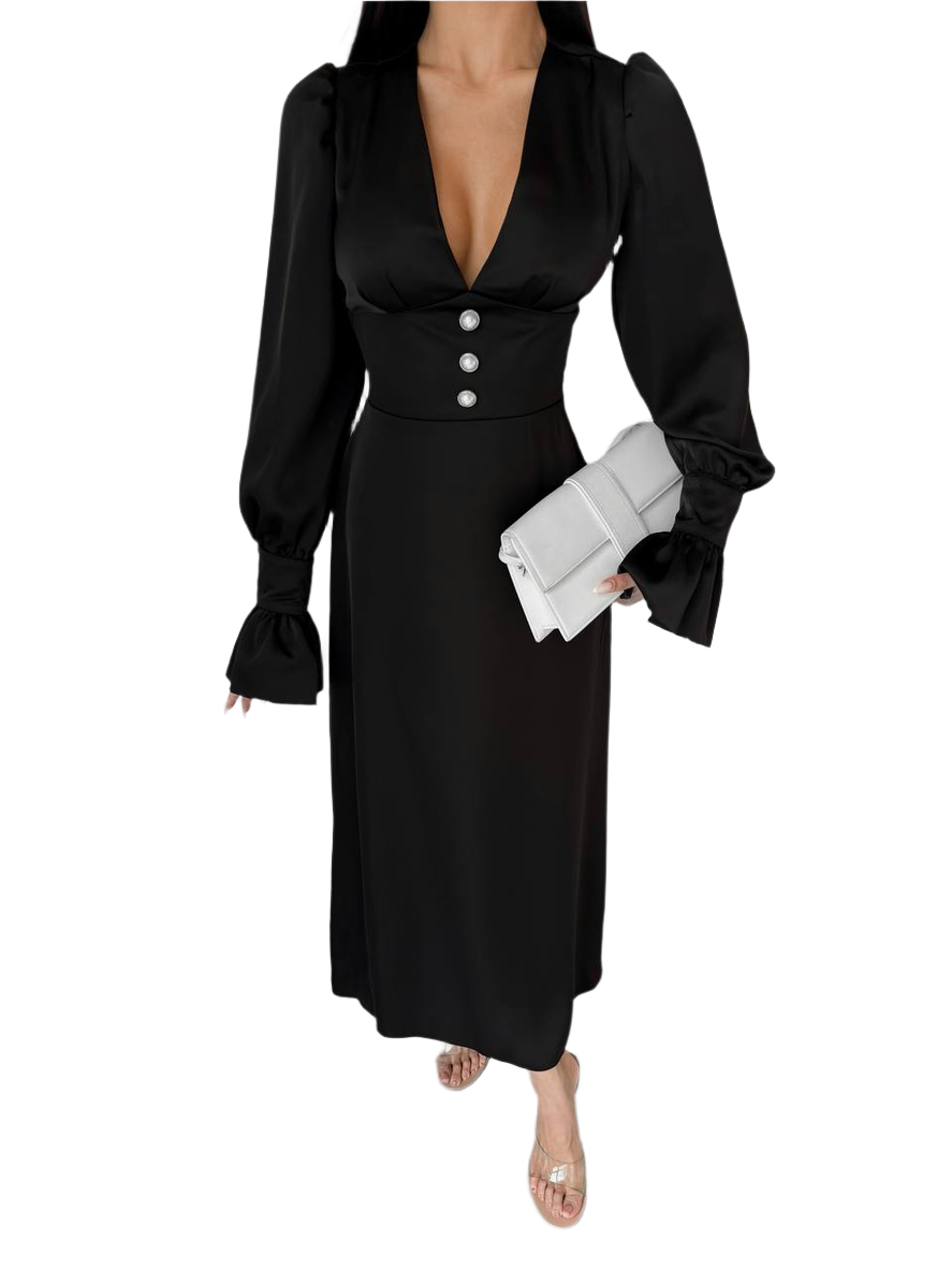 Elegant Black Satin Midi Dress with Pearl Button Accents