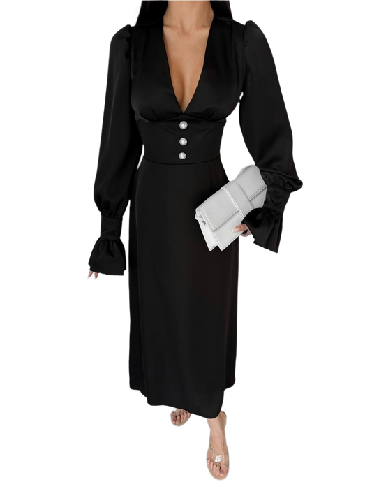 Elegant Black Satin Midi Dress with Pearl Button Accents