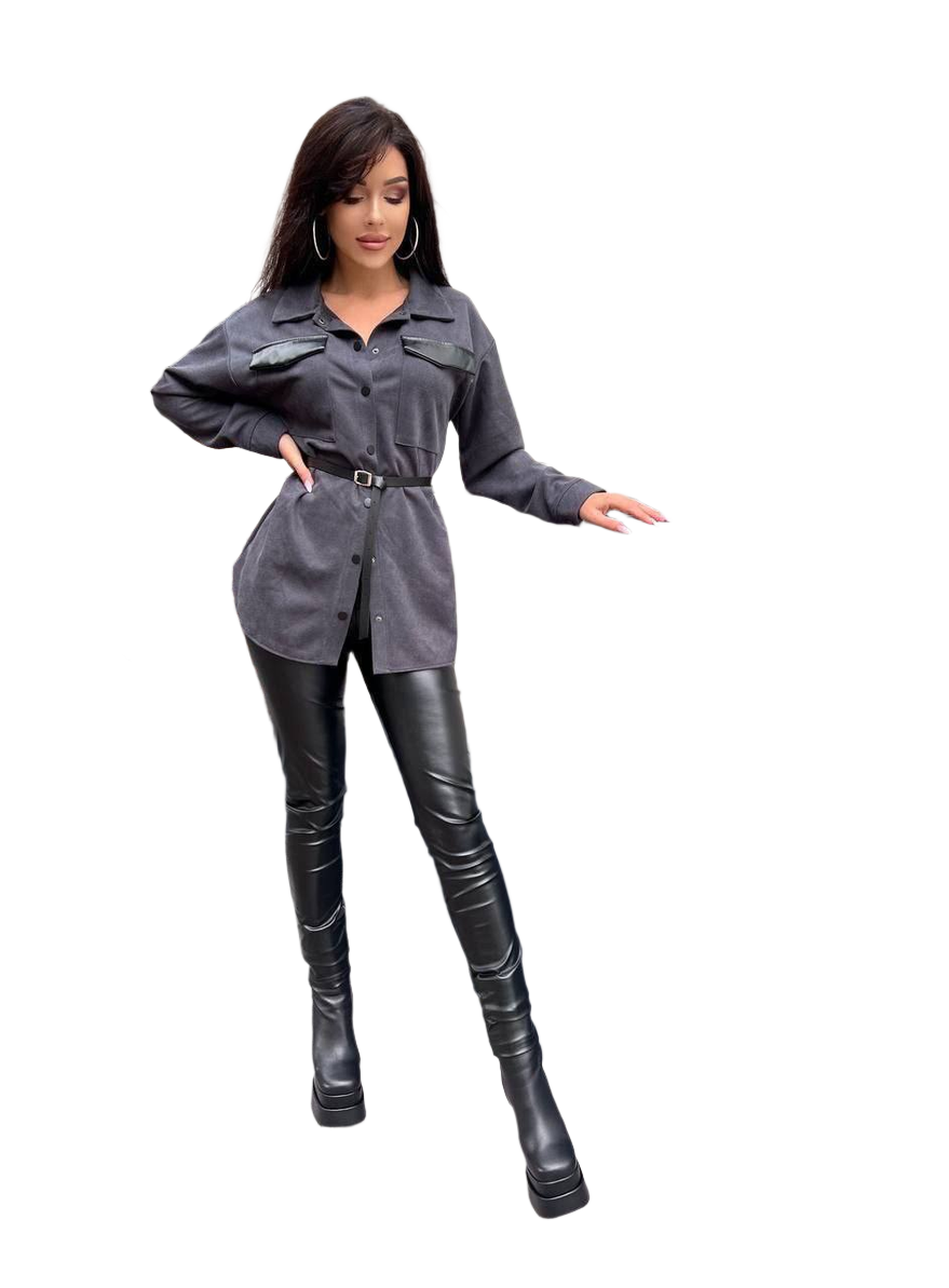 Womens Suede Diagonal Shirt with Eco-Leather Inserts and Belt