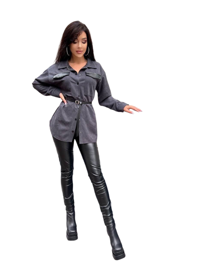 Womens Suede Diagonal Shirt with Eco-Leather Inserts and Belt