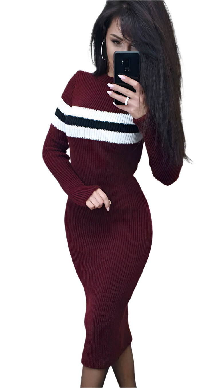 Warm Knitted Burgundy Dress for Women with Striped Detail