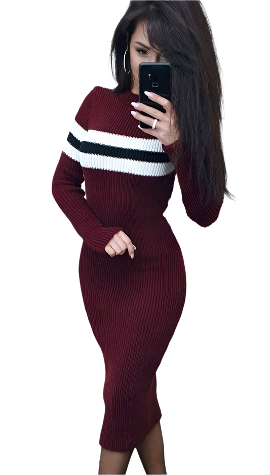Warm Knitted Burgundy Dress for Women with Striped Detail