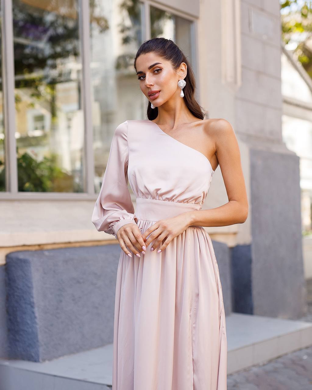 Elegant One-Shoulder Long Evening Dress in Premium Silk