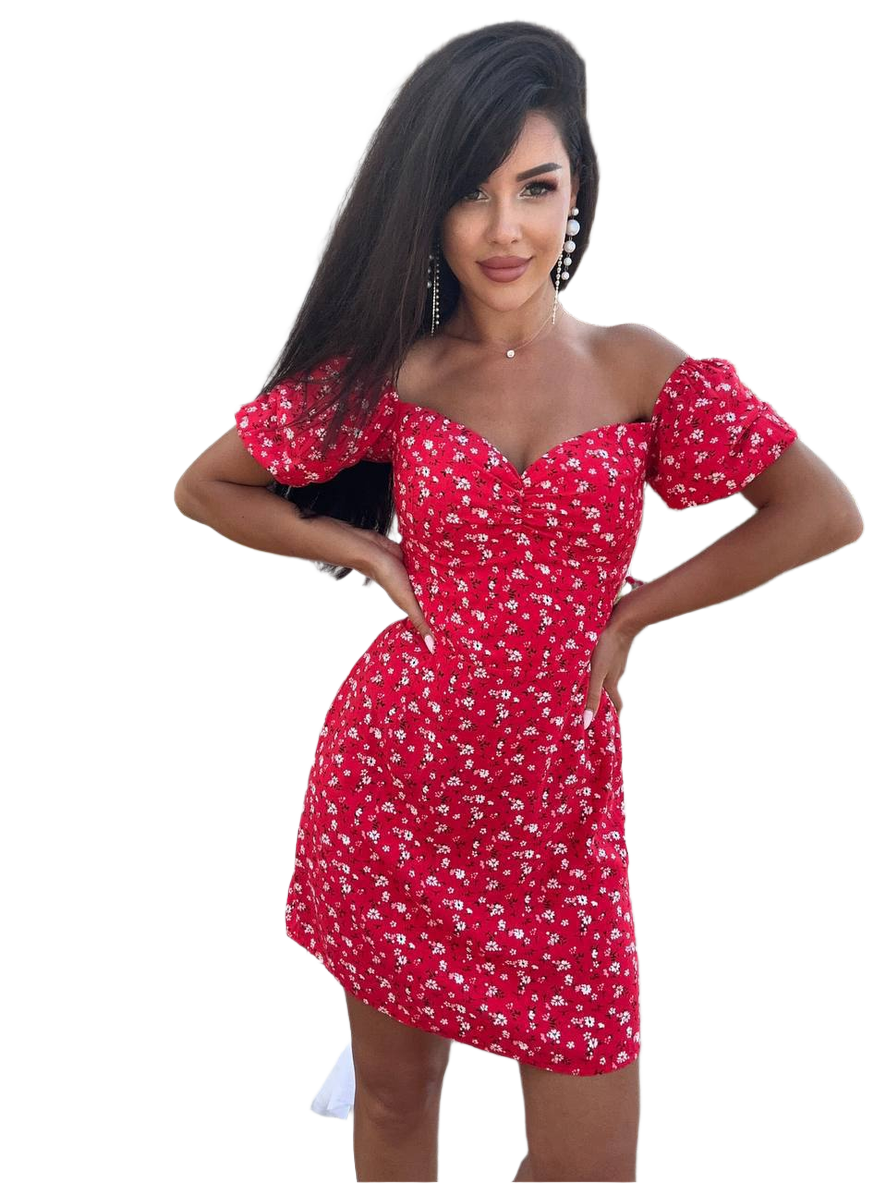 Woman wearing a red floral dress on a white background