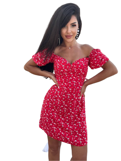 Woman wearing a red floral dress on a white background
