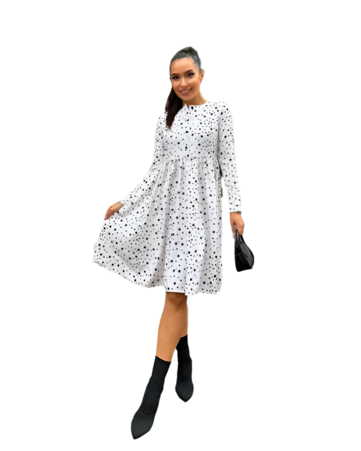 White Midi Dress with Black Polka Dots and Side Pockets
