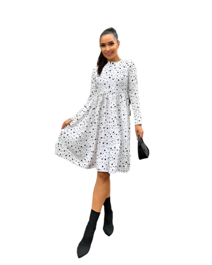 White Midi Dress with Black Polka Dots and Side Pockets