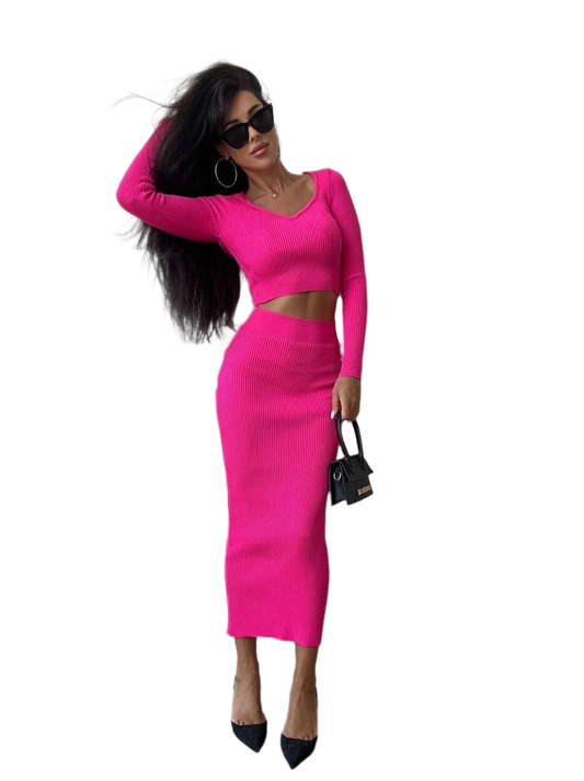 Amelie Women's Ribbed Knitted Two-Piece Suit Long Sleeve Crop Top and Midi Skirt