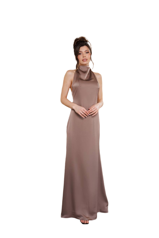 Elegant Long Satin Dress for Women in Cappuccino with High Neck