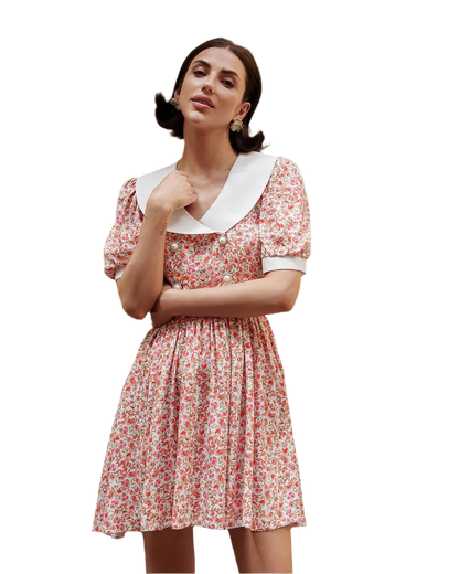 Short Floral Print Dress with Cotton Collar and Puff Sleeves