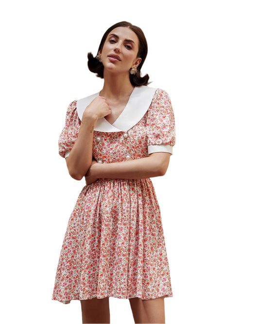 Short Floral Print Dress with Cotton Collar and Puff Sleeves