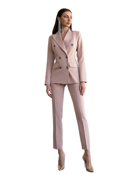Womens Double Breasted Lined Blazer Suit with Trousers in Soft Pink