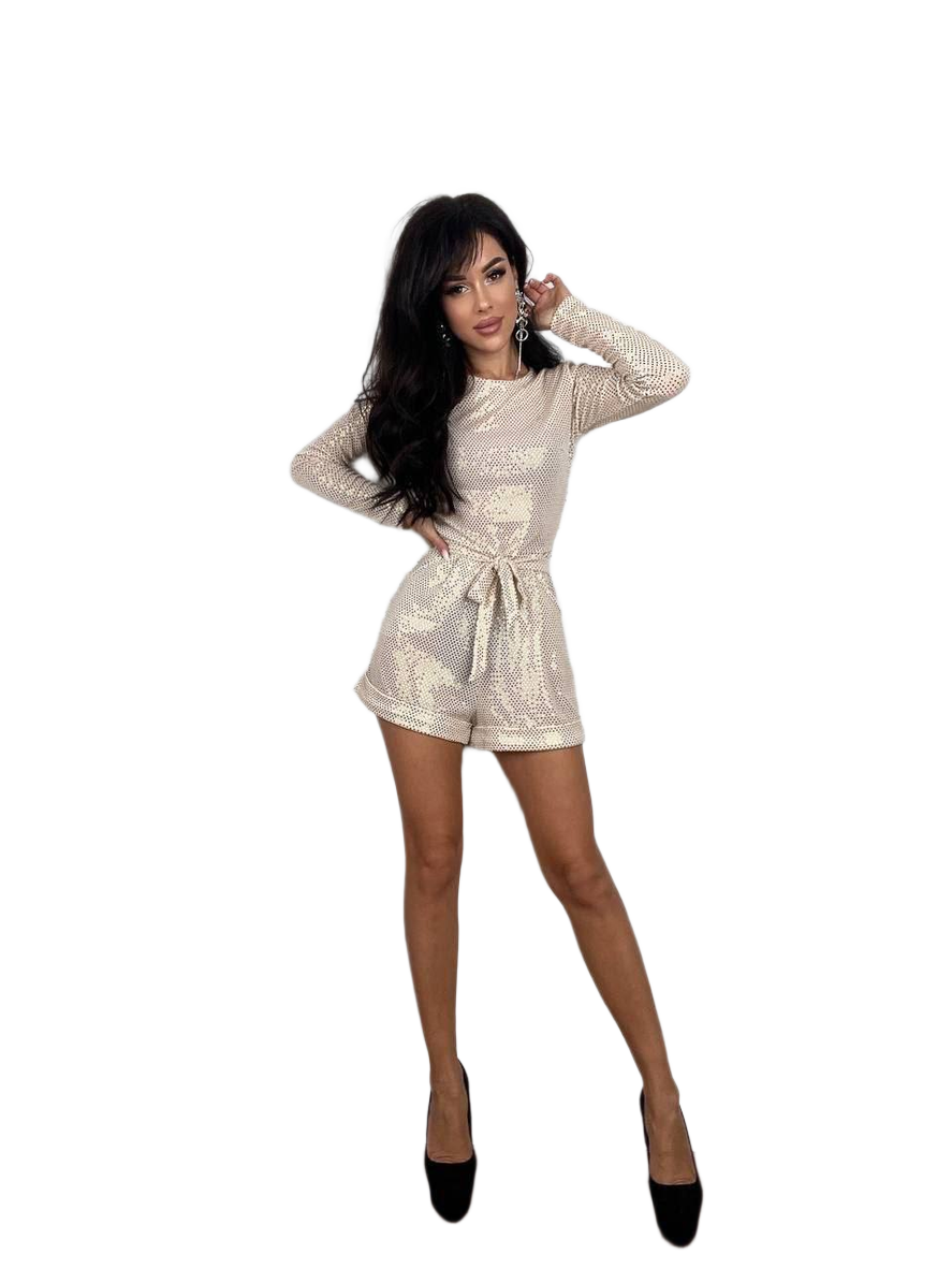 Elegant Women Jumpsuit with Long Sleeves and Belt in Gold