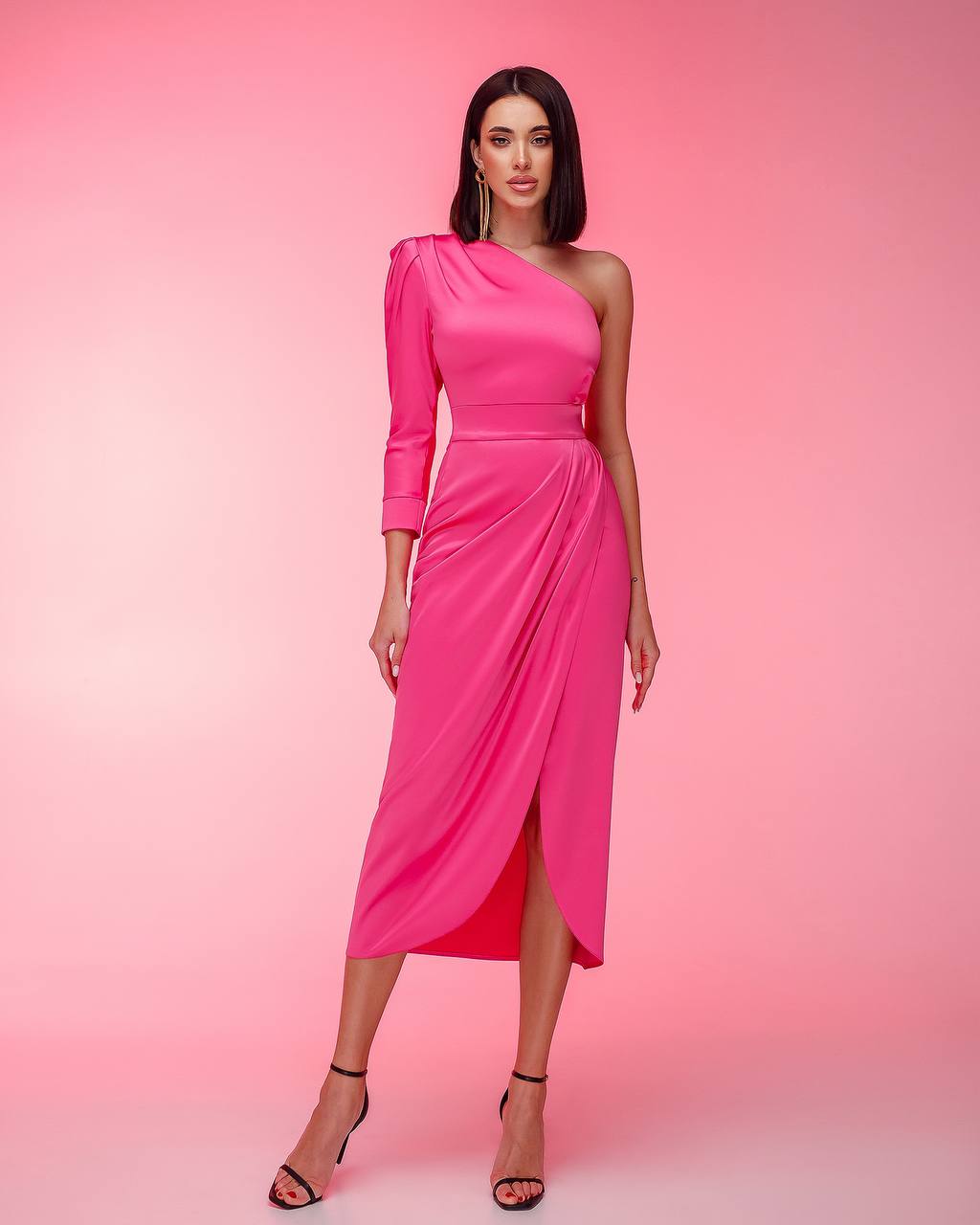 Royal Satin One Shoulder Midi Dress with Slit