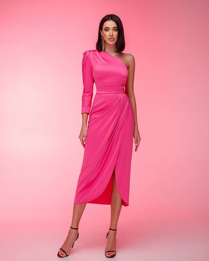 Royal Satin One Shoulder Midi Dress with Slit
