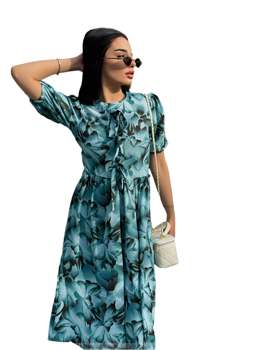 Woman wearing a blue floral dress on a white background