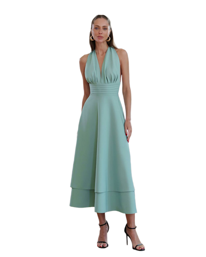 Elegant Halter Neck Midi Dress in Premium Diagonal Suiting Crepe