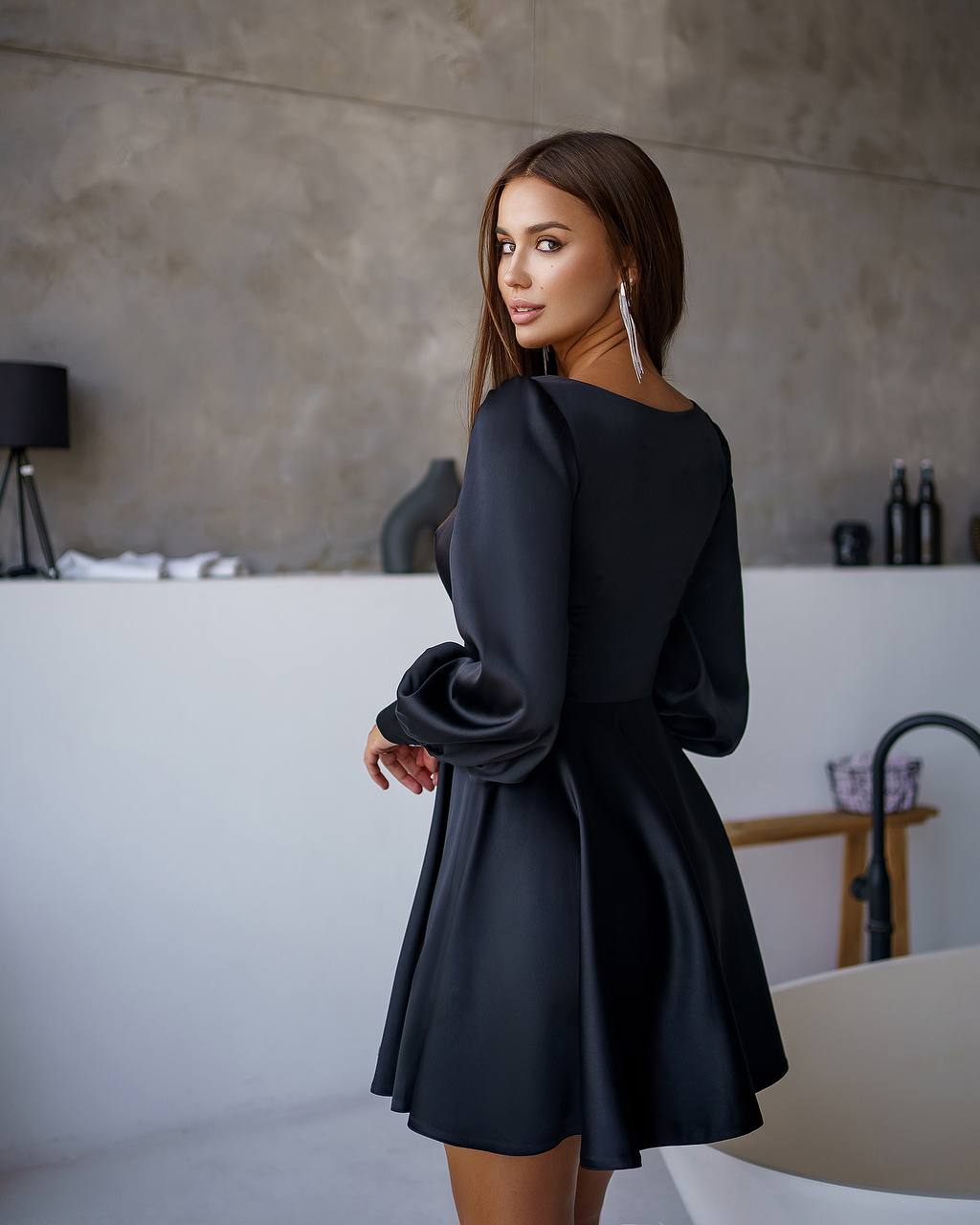 Elegant Black Satin Mini Dress for Women with Long Puff Sleeves