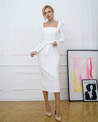 Womens Tailored Crepe Midi Sheath Dress with Square Neckline and Tie Waist