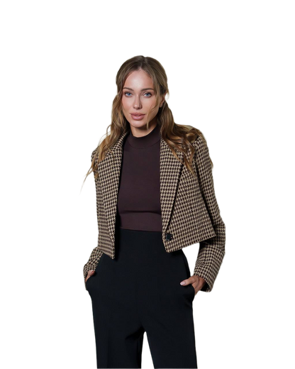 Women's Premium Houndstooth Pattern Blazer Cropped Suit Jacket