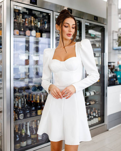 White Premium Diagonal Suiting Crepe Dress with Puff Sleeves
