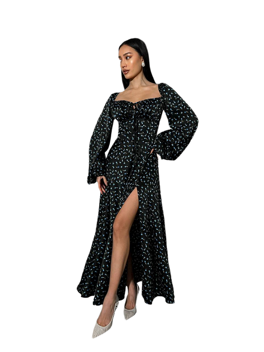 Asti Silk Maxi Dress for Women with Long Puff Sleeves and Side Slit