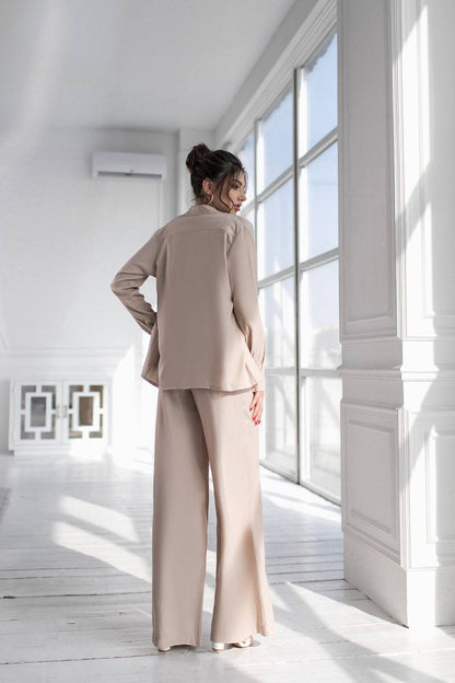 Womens Viscose Twill Suit Shirt and Elastic Waistband Pants