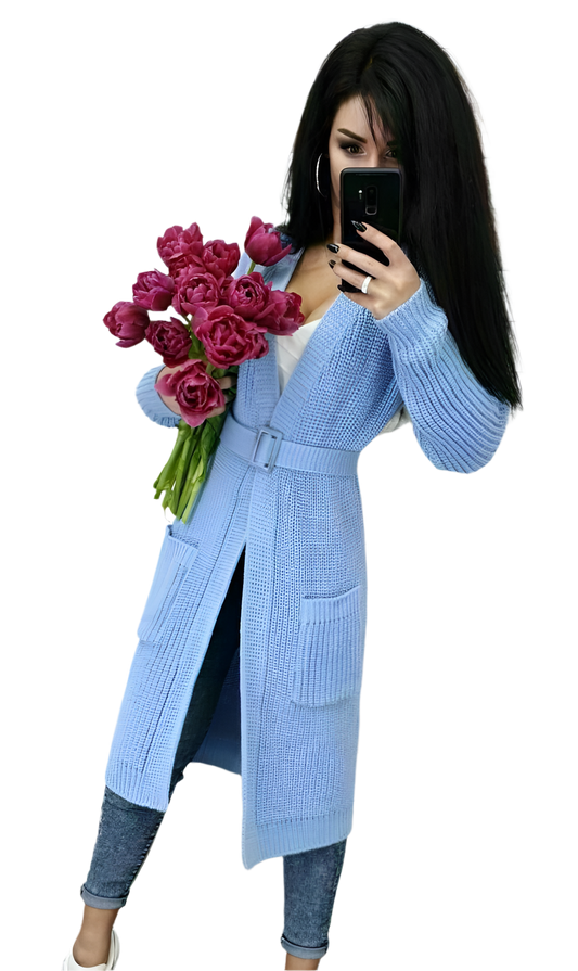Womens Long Blue Knit Cardigan with Belt