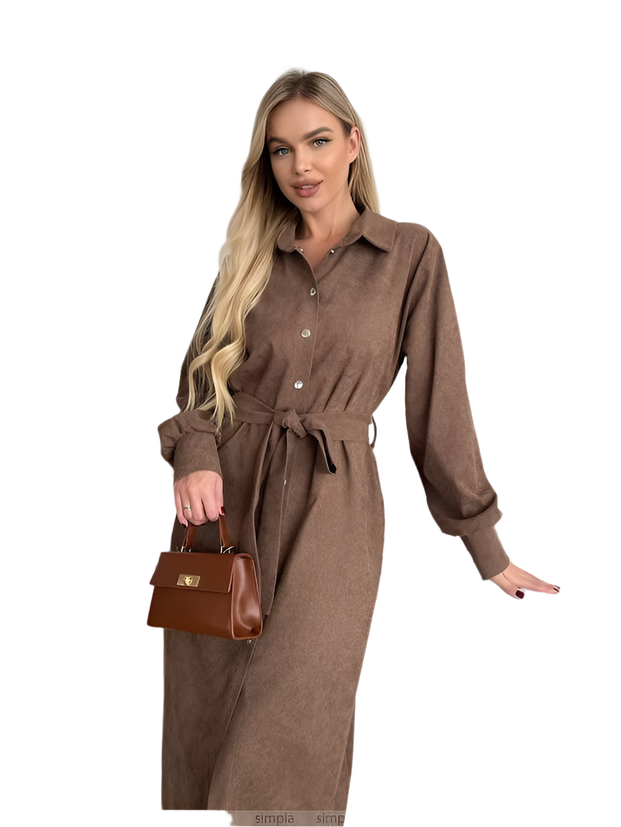 Brown Microvelvet Midi Shirt Dress with Waist Tie