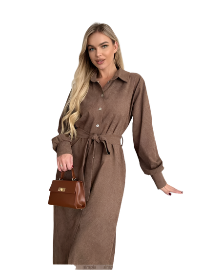 Brown Microvelvet Midi Shirt Dress with Waist Tie