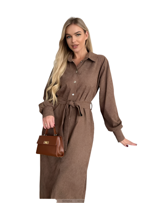 Woman wearing a brown dress holding a brown handbag on a white background