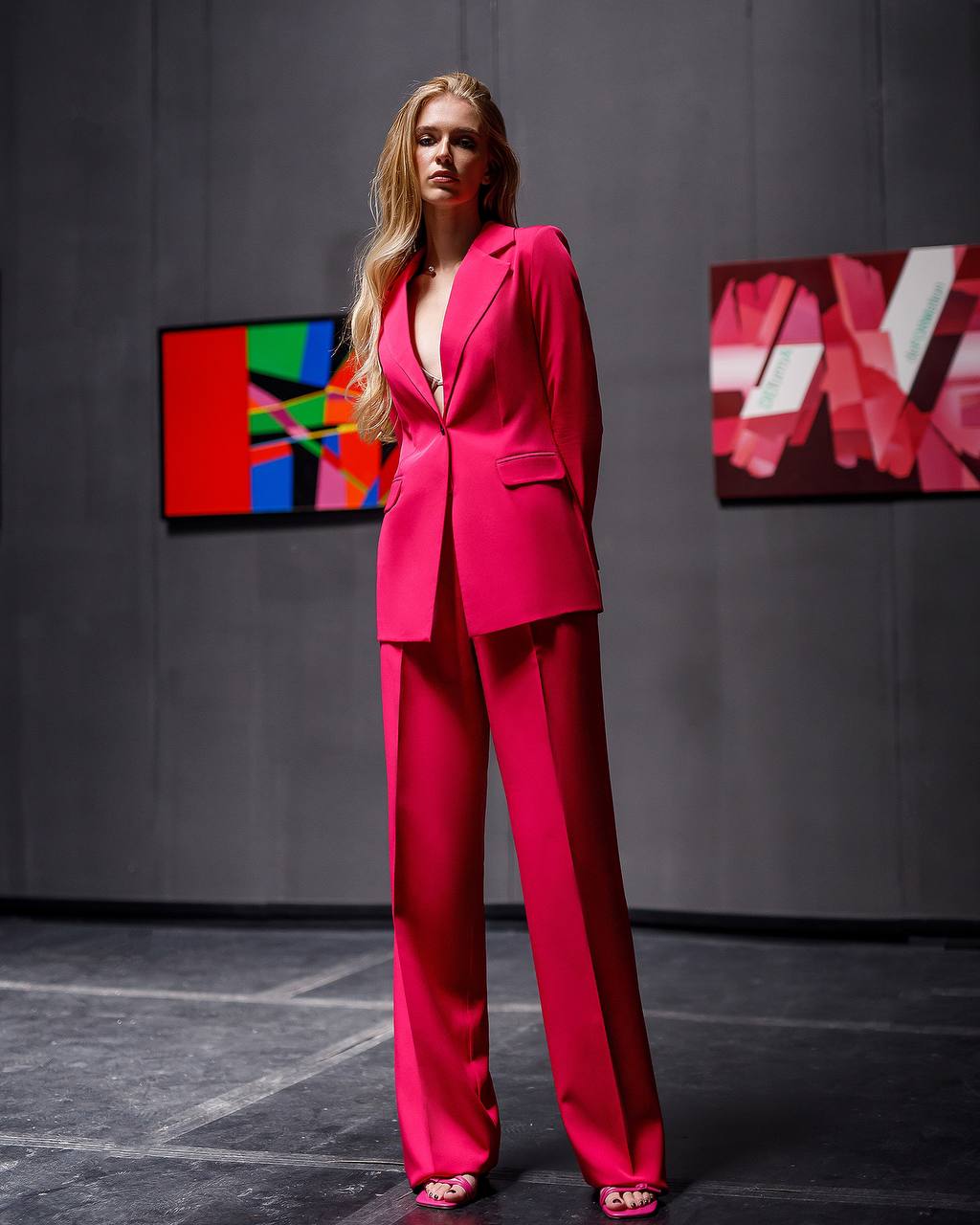 Womens Tailored Blazer and Wide Leg Trouser Suit in Diagonal Suiting Crepe