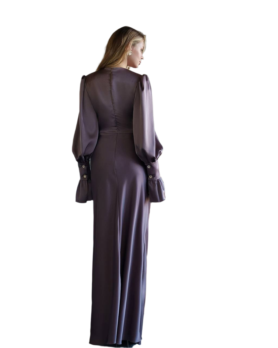 Elegant Long Satin Dress with Ruffle Sleeves for Women