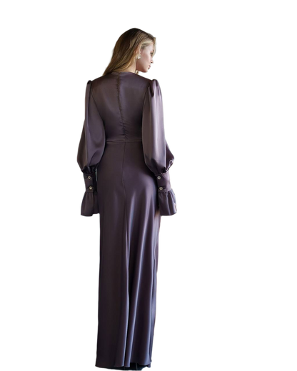 Elegant Long Satin Dress with Ruffle Sleeves for Women