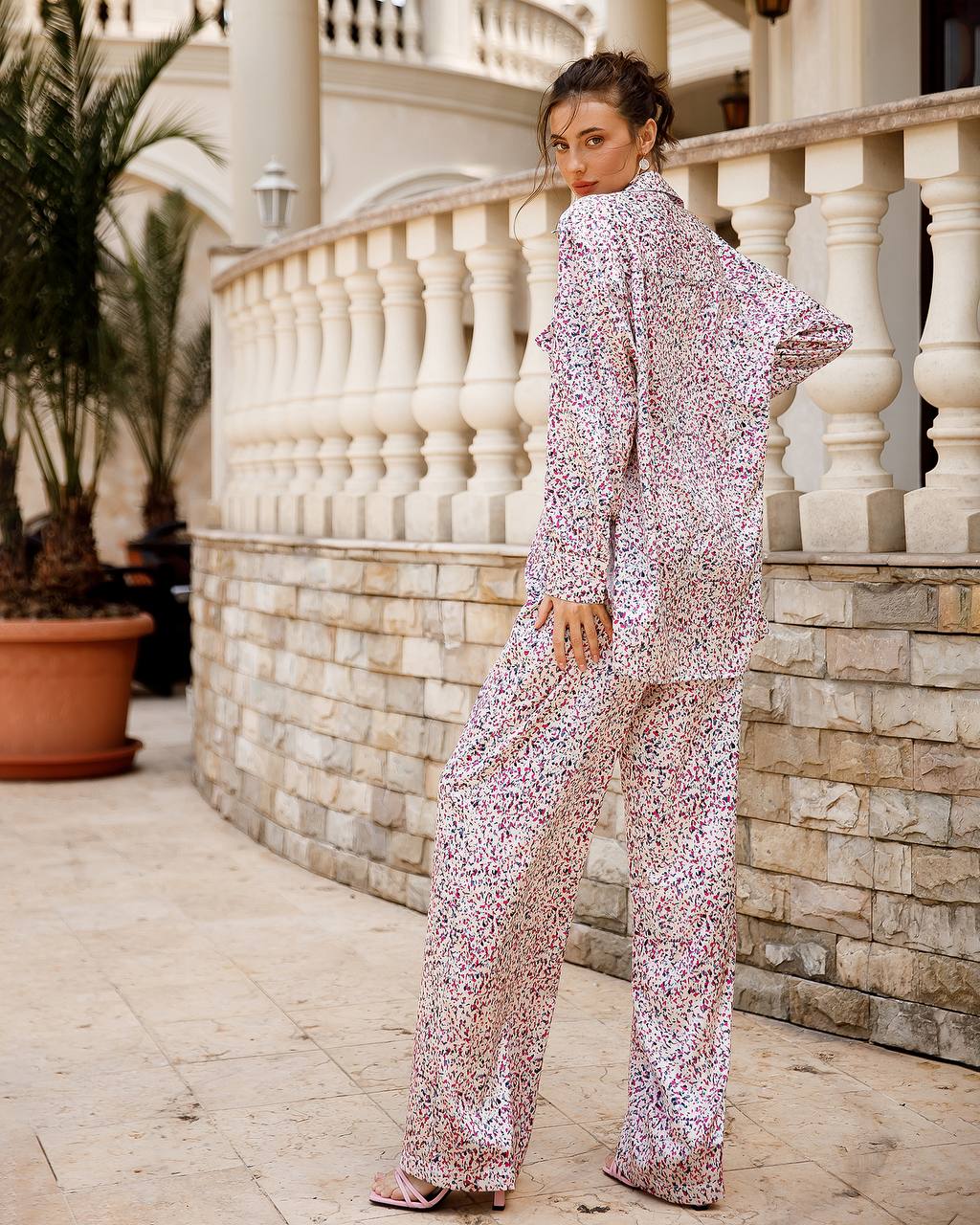 Womens Printed Dense Silk Long Shirt and Pants Suit