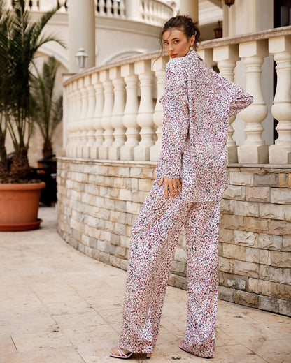 Womens Printed Dense Silk Long Shirt and Pants Suit